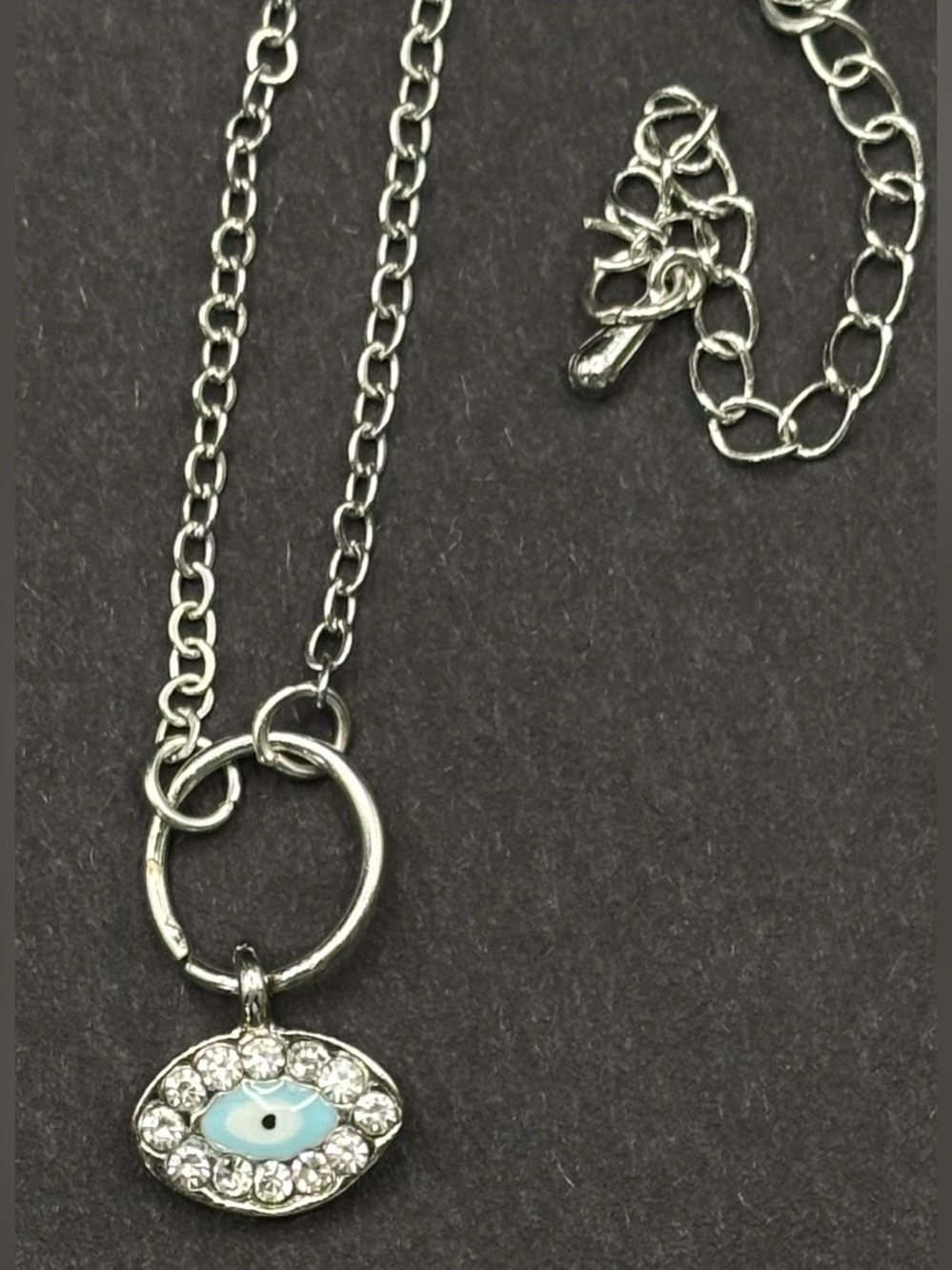 Evil Eye Necklace Silver Tone Rhinestone Light Blue Enamel Protection Pendant
